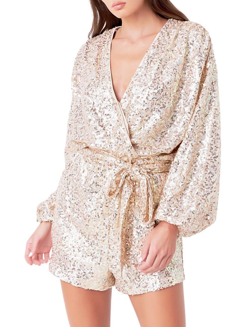 Womens Sequins Wrapped Romper with Belt Product Image