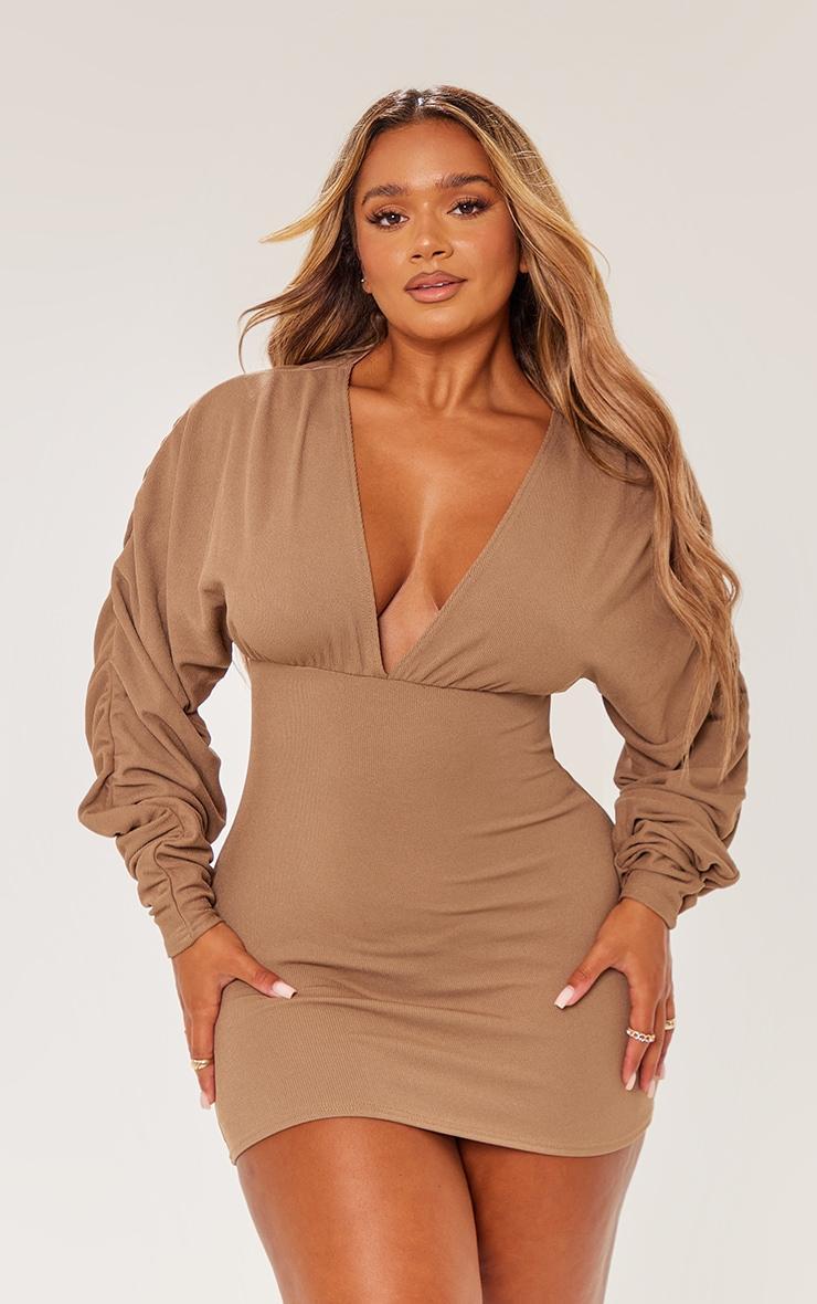 Shape Mocha Soft Rib Plunge Ruched Sleeve Bodycon Dress Product Image