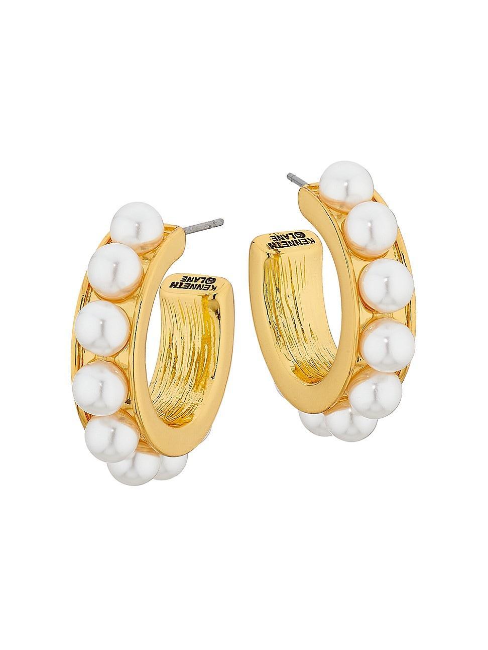 Womens 12K-Gold-Plated & Imitation Pearl Hoop Earrings Product Image