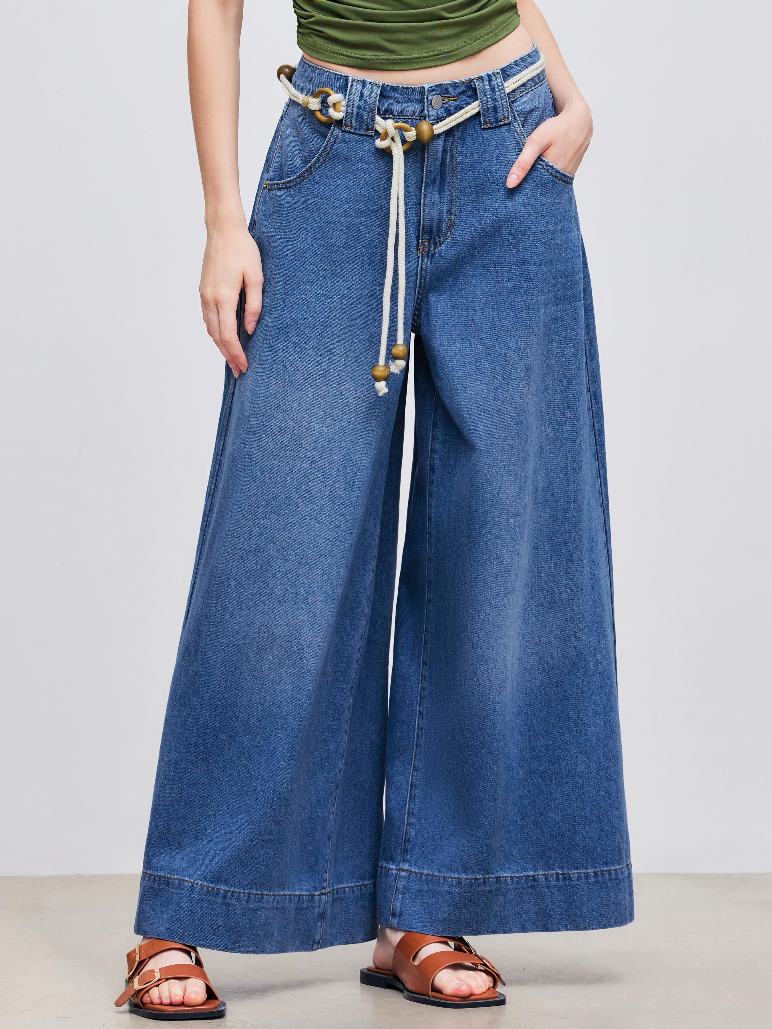 Denim Mid Rise Baggy Jeans With Beaded Rope Product Image