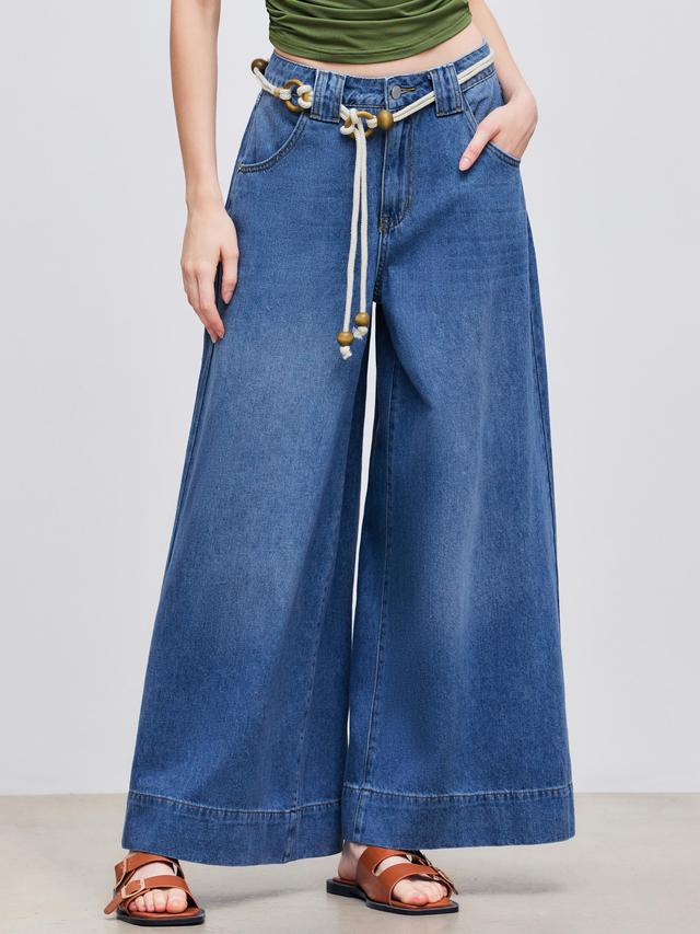 Denim Mid Rise Baggy Jeans With Beaded Rope Product Image