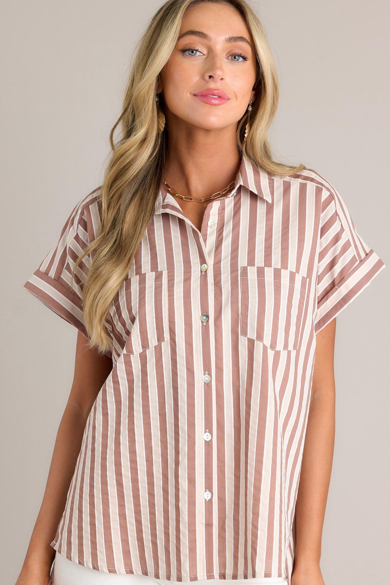 Timeless Choice Tan Stripe Button Front Top Product Image