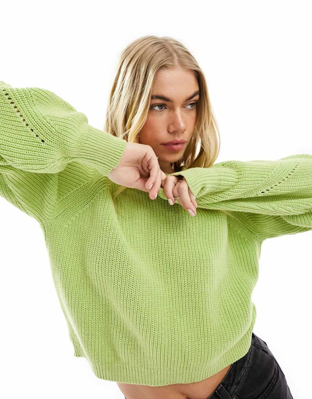 ASOS DESIGN plated sweater with balloon sleeve in green Product Image