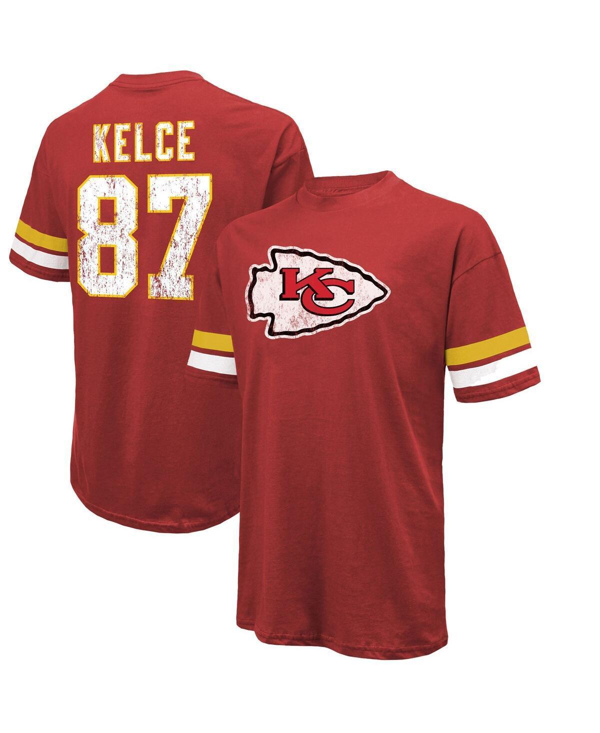 Mens Majestic Threads Travis Kelce Red Distressed Kansas City Chiefs Name and Number Oversize Fit T-shirt Product Image