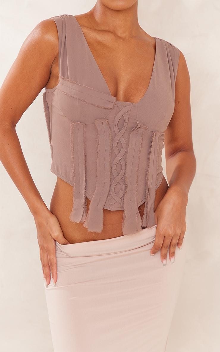 Taupe Woven Lace Up Fray Detail Corset Product Image