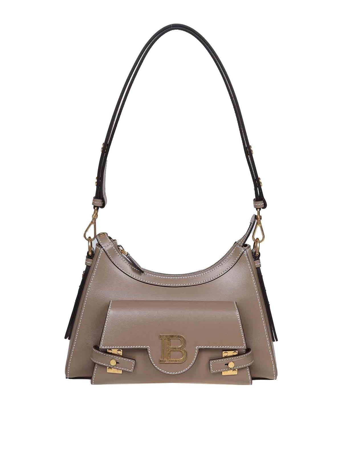 BALMAIN B-buzz Hobo Shoulder Bag In Taupe Color Leather In Brown Product Image