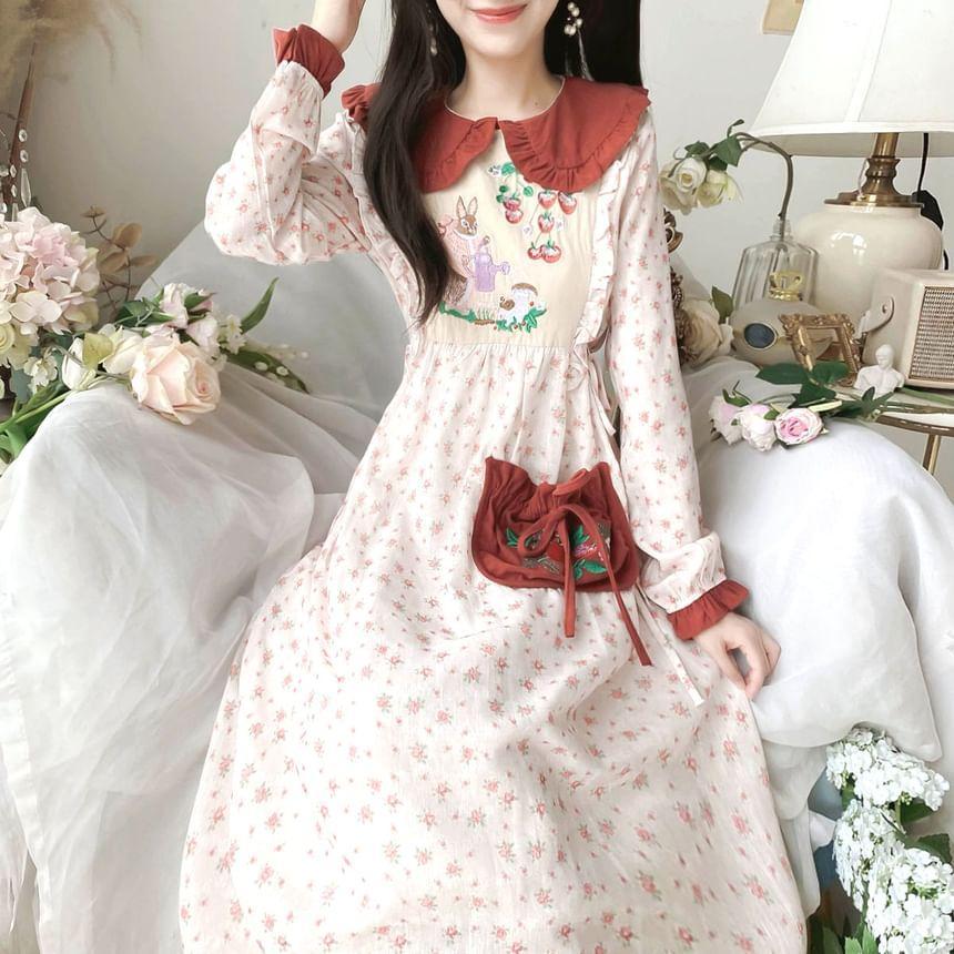 Long-Sleeve Peter Pan Collar Floral Print Rabbit Embroidered Frill Trim Midi A-Line Dress Product Image