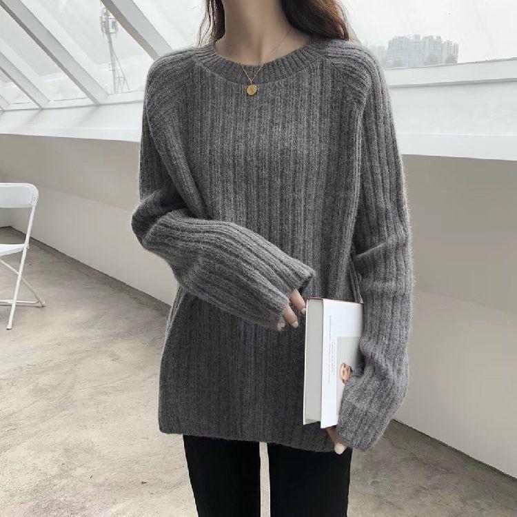 Round Neck Plain Ribbed Sweater Product Image