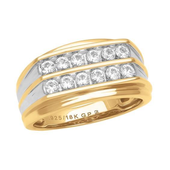 Men's Two-Row White Lab-Created Sapphire Ring in Sterling Silver with 18K Gold Plate Product Image