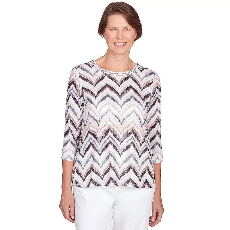 Petite Alfred Dunner Shimmering Chevron 3/4 Sleeve Top, Womens Med Beige Product Image