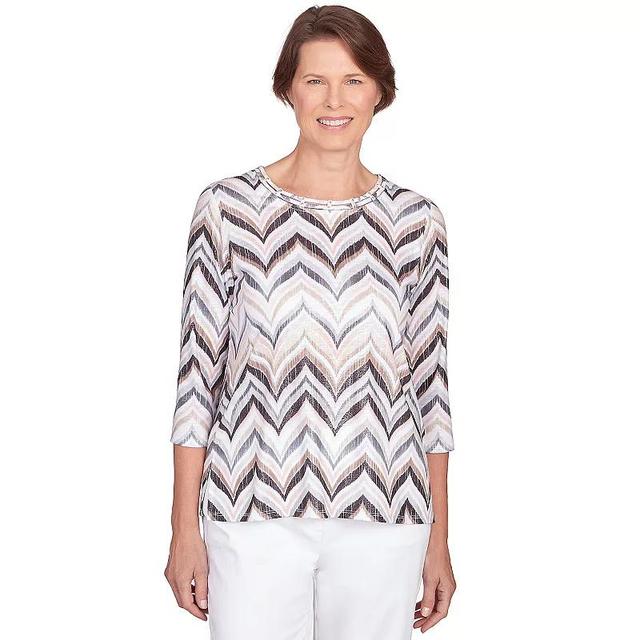 Petite Alfred Dunner Shimmering Chevron 3/4 Sleeve Top, Womens Med Beige Product Image