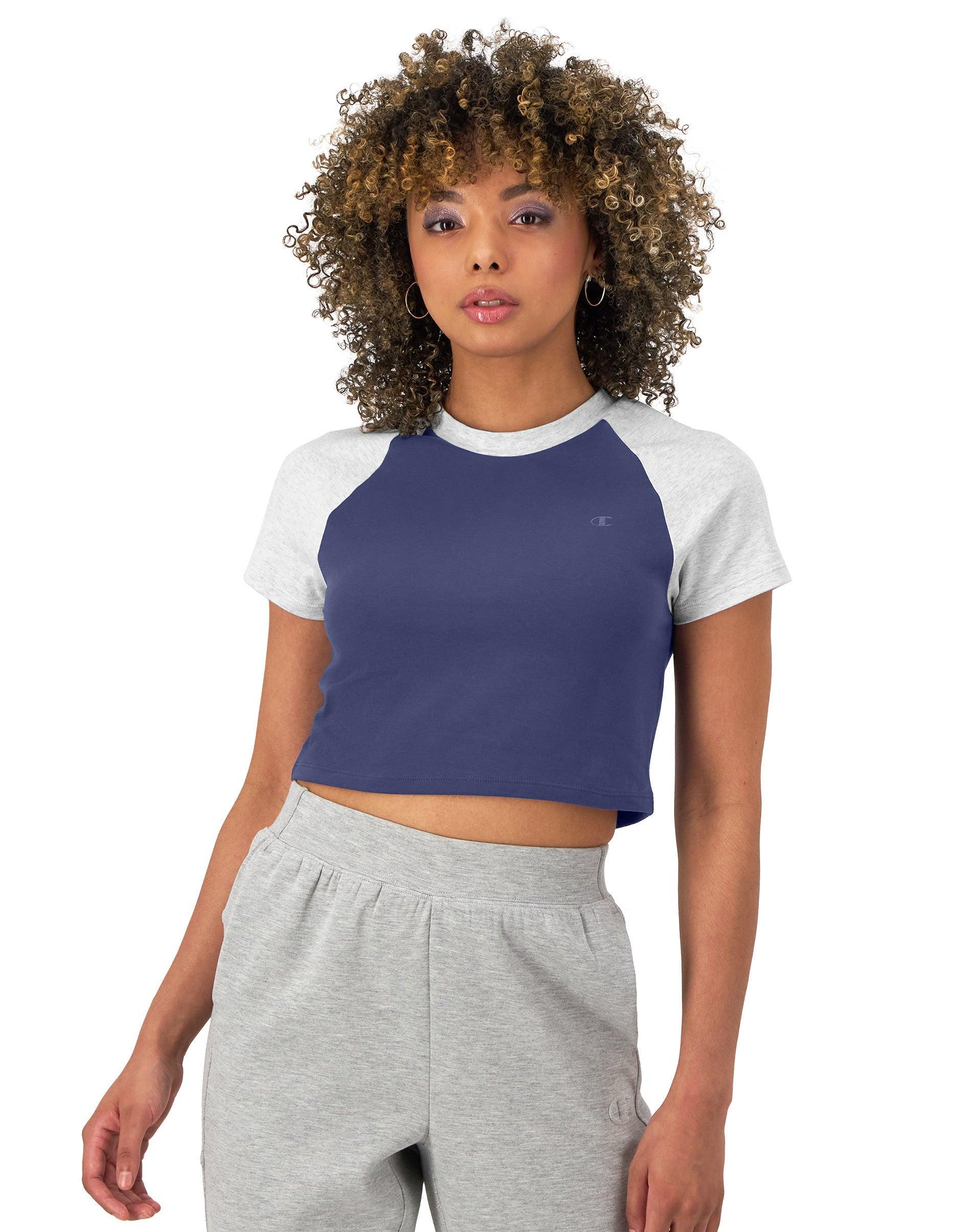 Womens Champion Ringer T-Shirt, Cropped, Colorblocked, C Logo Silver Grey/Crisp Morning Blue XL Product Image