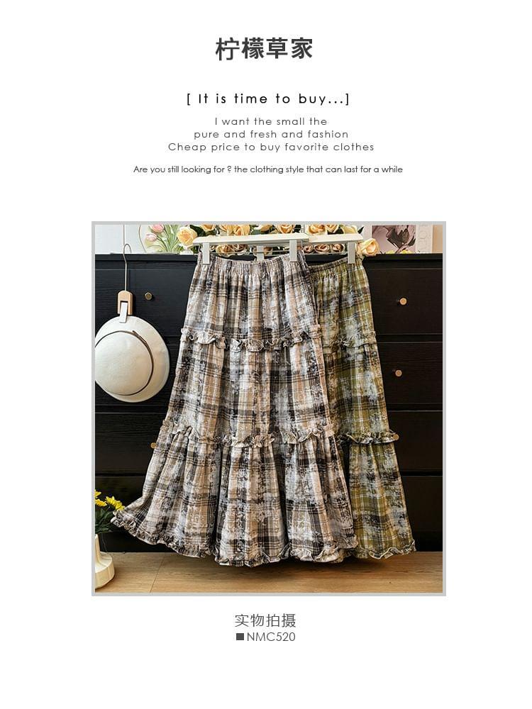 Plaid Ruffle-Trim High-Rise A-Line Skirt Product Image