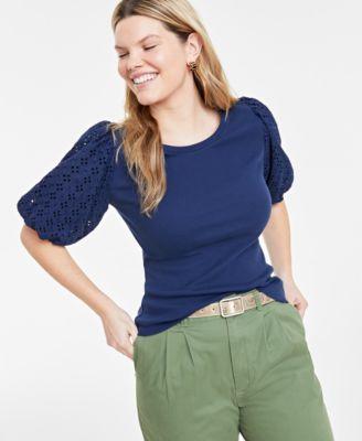 On 34th Womens Eyelet-Sleeve Scoop-Neck Knit Top, Created for Macys Product Image