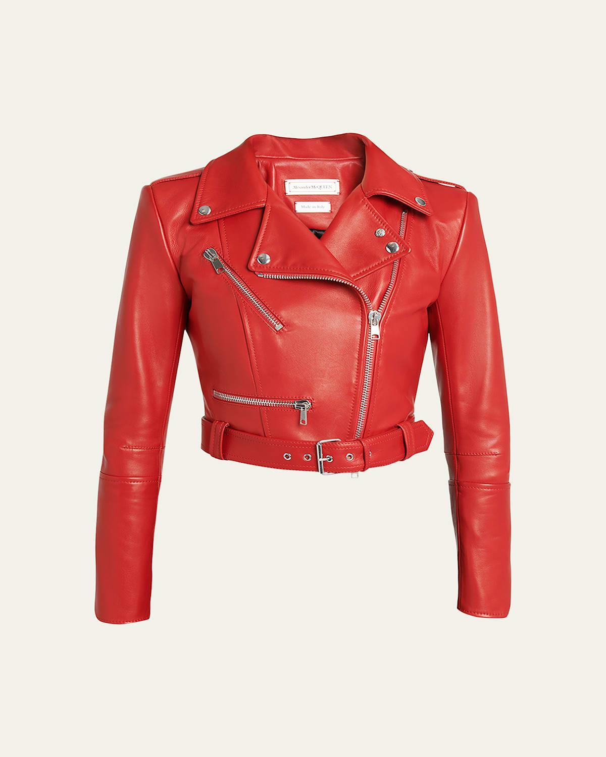 Womens Leather Cropped Biker Jacket Product Image