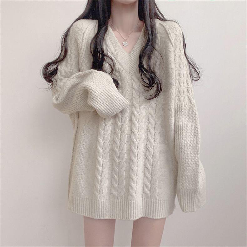 V-Neck Plain Cable-Knit Oversized Sweater Product Image