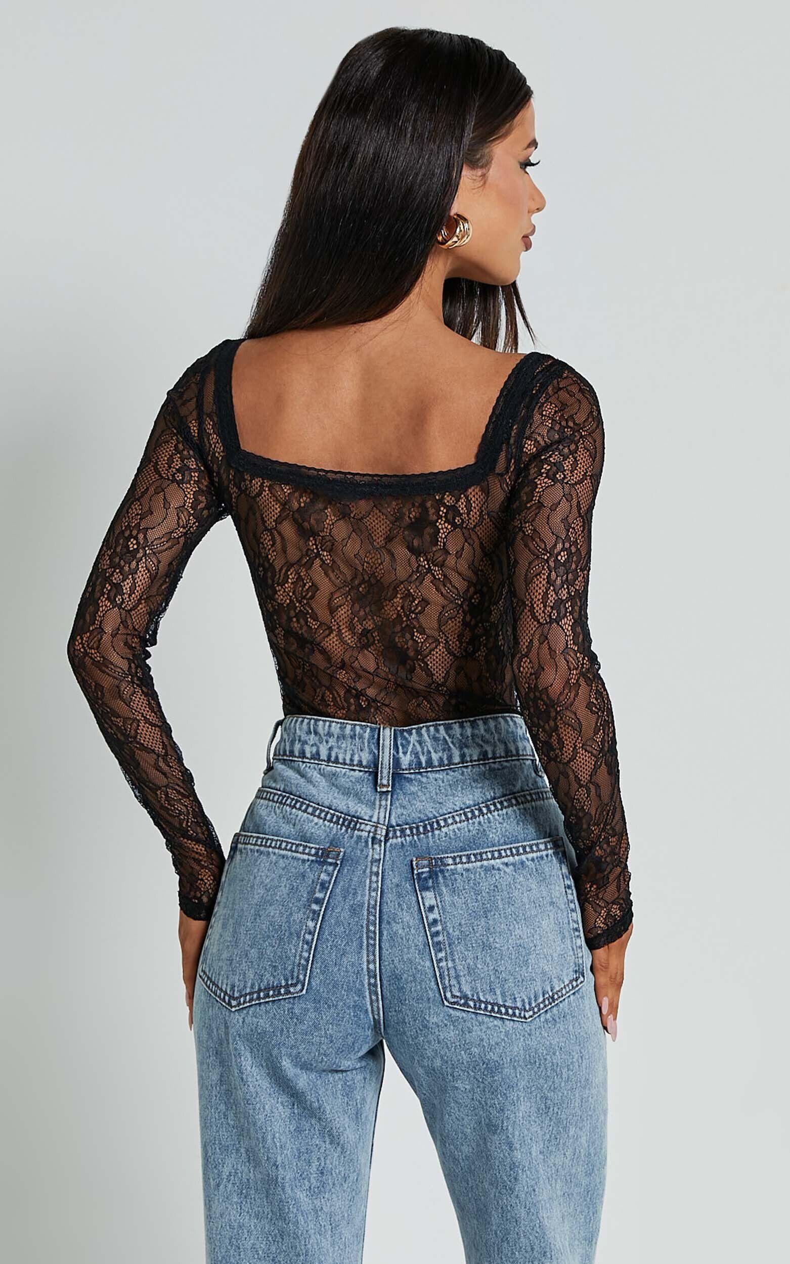 Cynthia Bodysuit - Long Sleeve Lace Bodysuit in Black Product Image