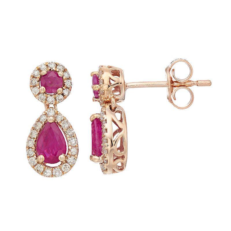 Gemminded 10k Rose Gold Ruby & 1/4 Carat T.W. Diamond Teardrop Earrings, Womens, 10k White Product Image