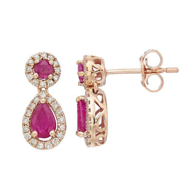 Gemminded 10k Rose Gold Ruby & 1/4 Carat T.W. Diamond Teardrop Earrings, Womens, Red Product Image