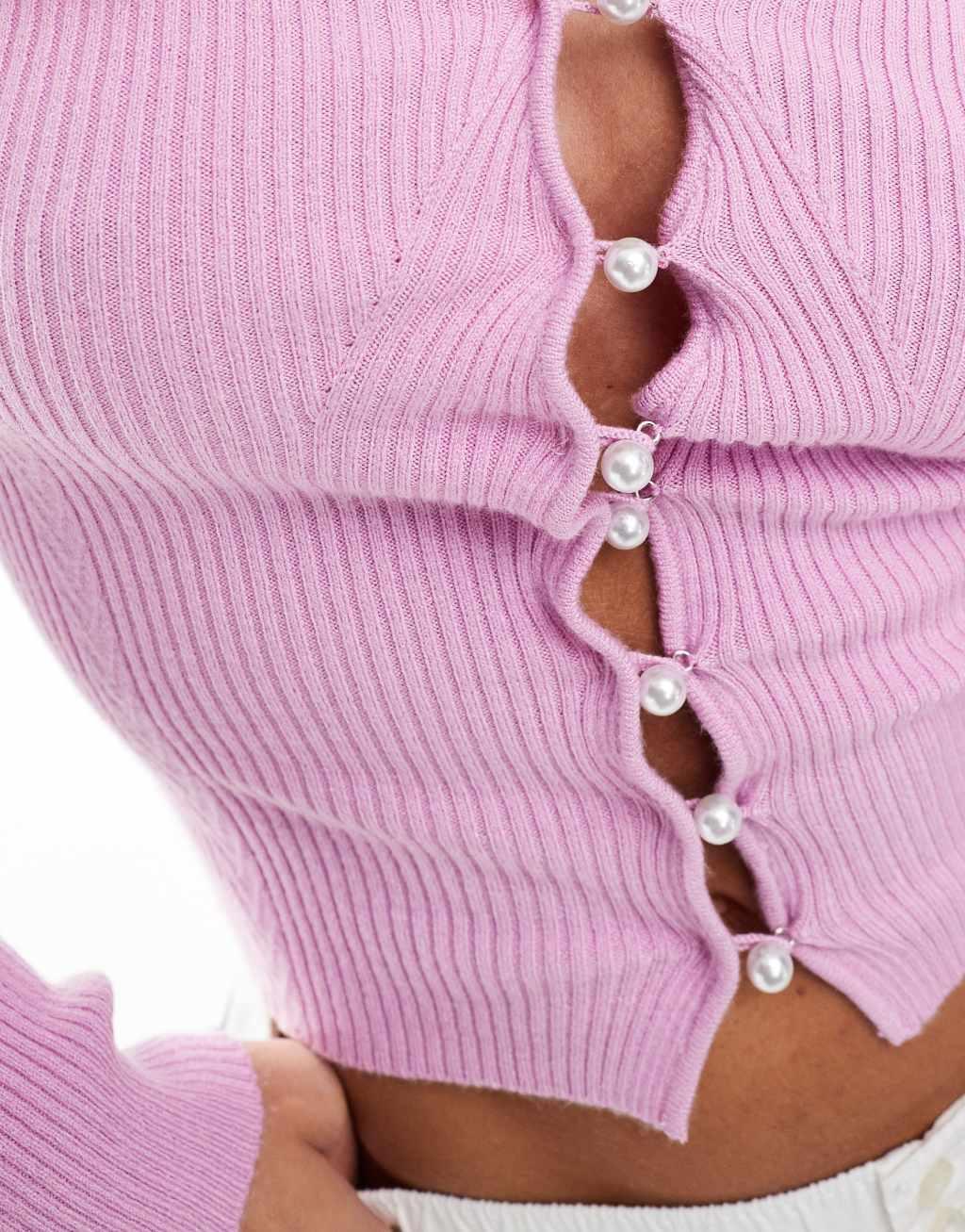 Miss Selfridge cozy rib knit v neck faux pearl button detail long sleeve top in lilac Product Image