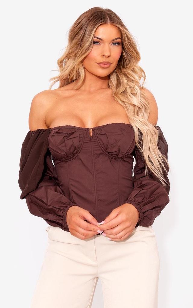 Brown Bardot Sleeve Chiffon Insert Shirt Product Image