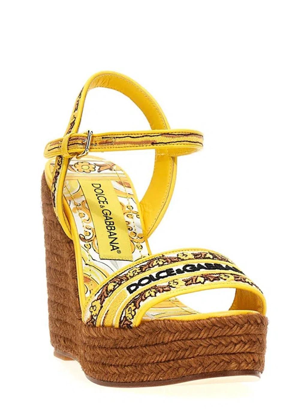 DOLCE & GABBANA Embroidered-logo Wedge Sandals In Yellow Product Image