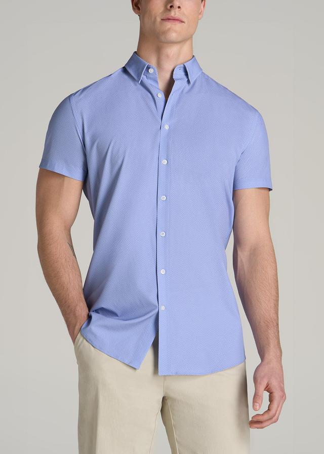 Short Sleeve Traveler Stretch Button Shirt for Tall Men in Blue Diamond Print Product Image