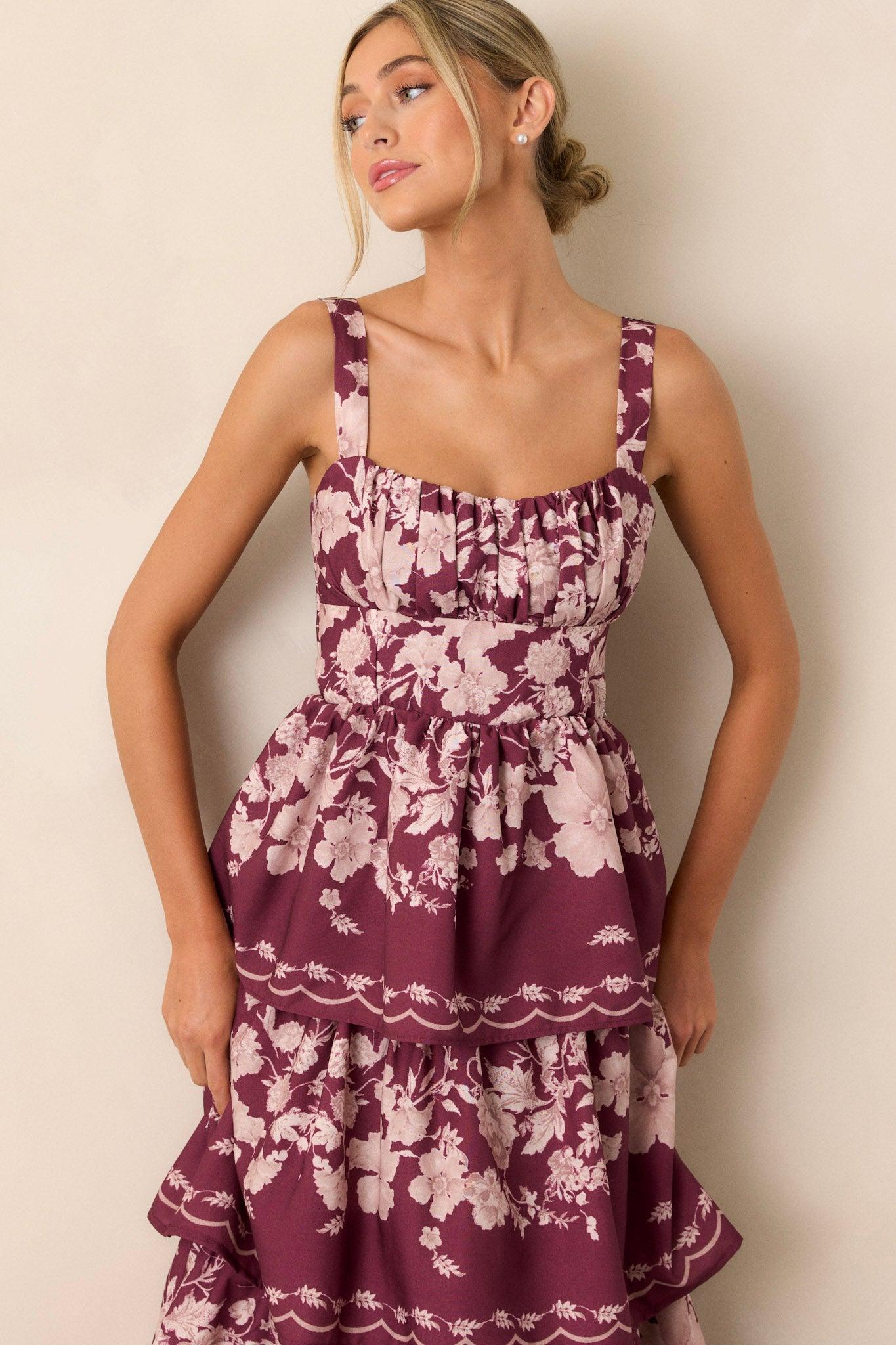 Sweet Reminiscence Wine Floral Tiered Maxi Dress Product Image