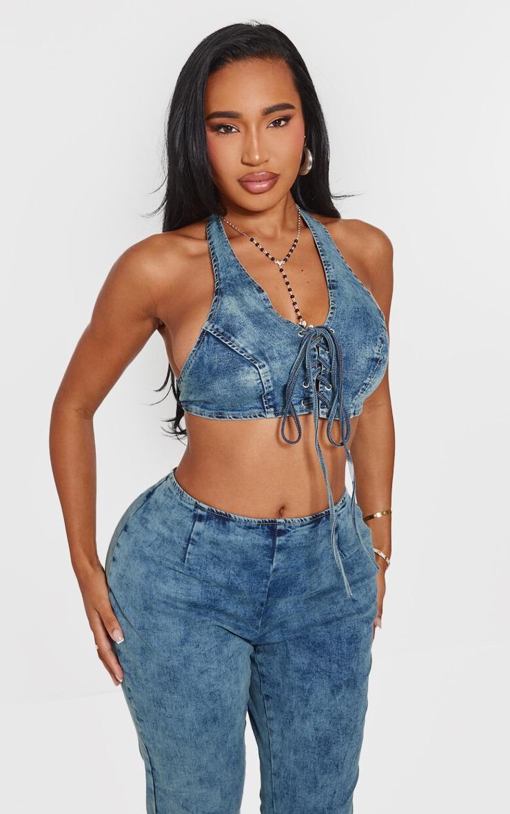 Shape Light Blue Wash Denim Halterneck Lace Up Front Crop Top Product Image