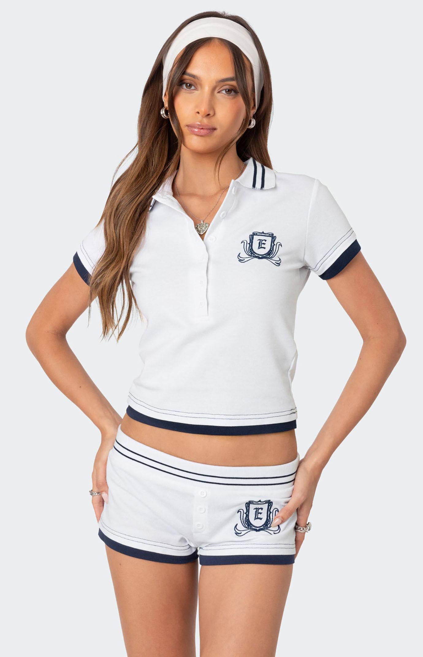 Edikted Women's Academia Polo Top in White/Navy - Product Image