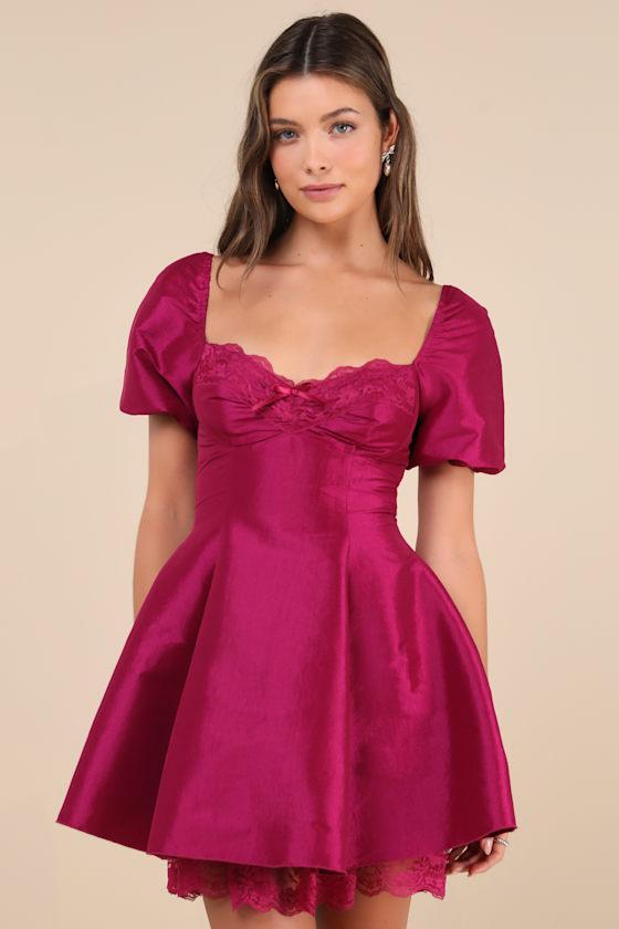 Enchanting Presence Magenta Taffeta Lace Puff Sleeve Mini Dress Product Image