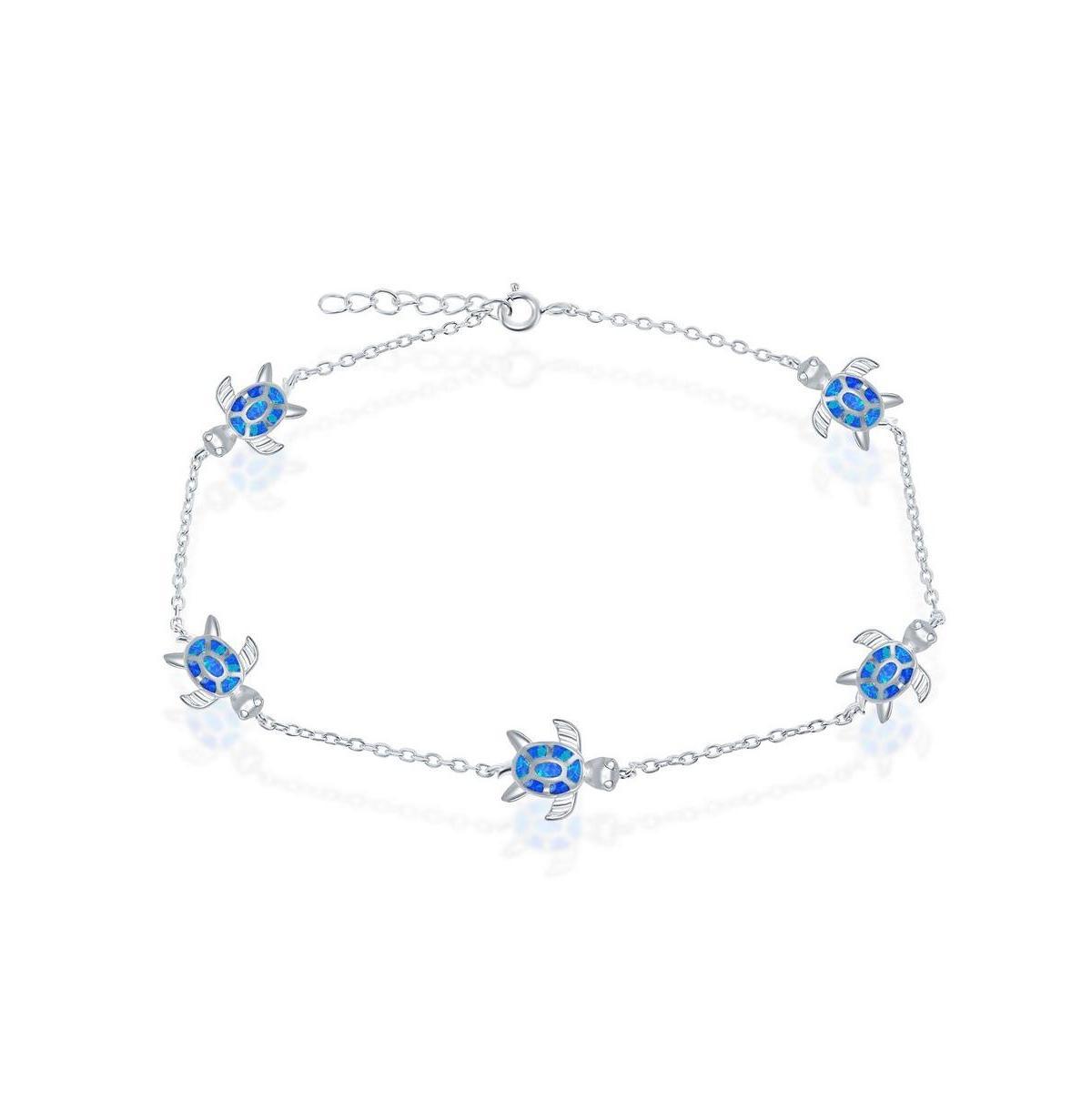 Sterling Silver Lab-Created Opal Sea Turtle Anklet, Womens Blue Product Image