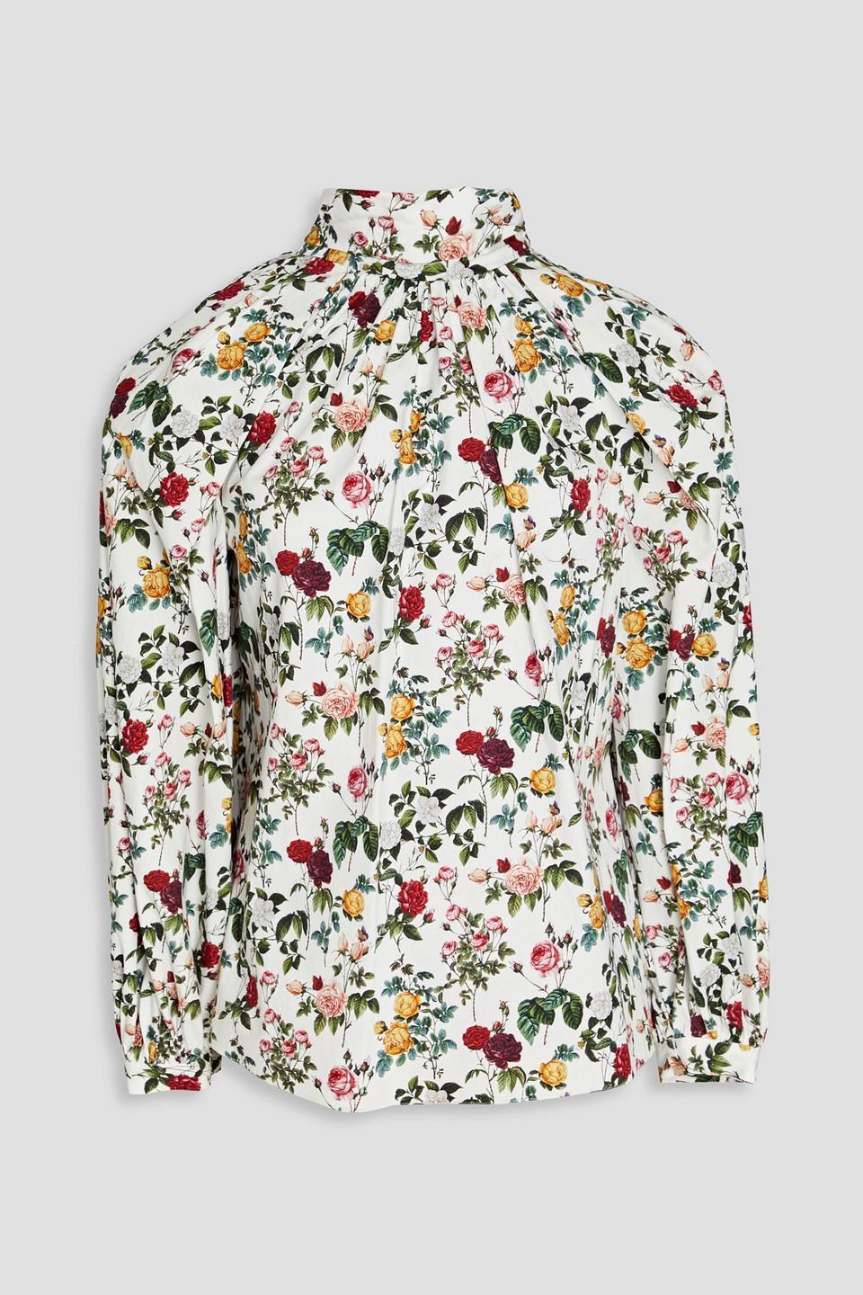 Cutout Floral-print Stretch-cotton Poplin Blouse In White Product Image