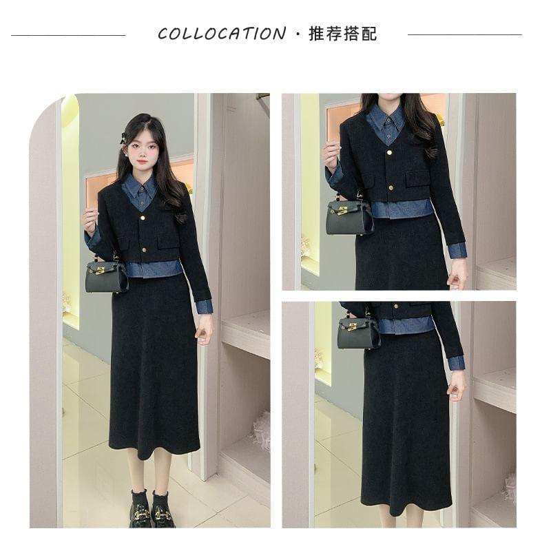 Set: Collar Denim Panel Button Jacket + High Rise Plain Slit Midi A-Line Skirt Product Image