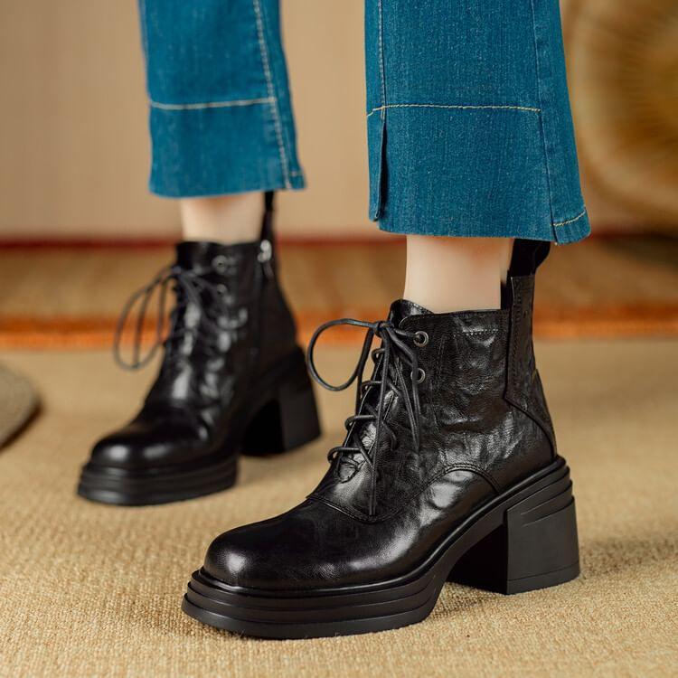 Chunky Heel Plain Lace-Up Genuine Leather Short Boots Product Image