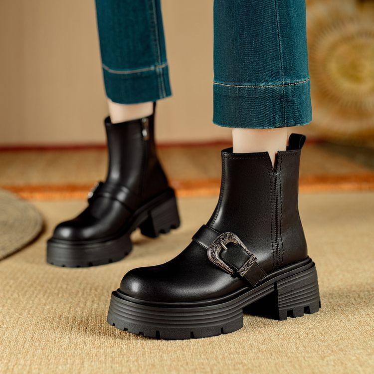 Platform Plain Buckled Genuine Leather Short Boots Product Image