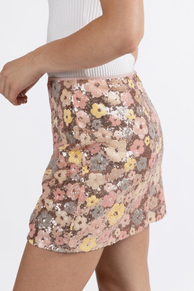 Night Of Nights Champagne Multi Sequin Floral Skirt FINAL SALE Product Image