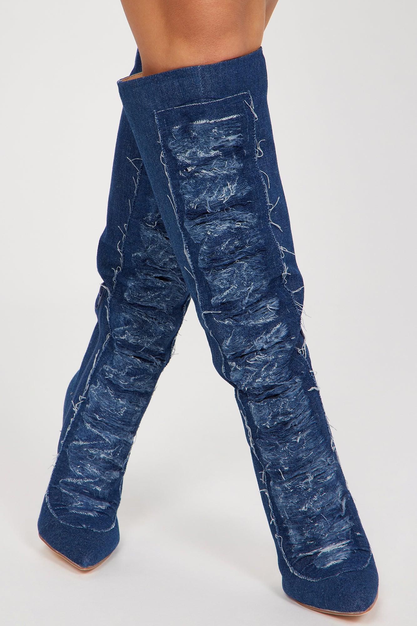 Cut It Off Knee High Boots - Dark Denim Product Image