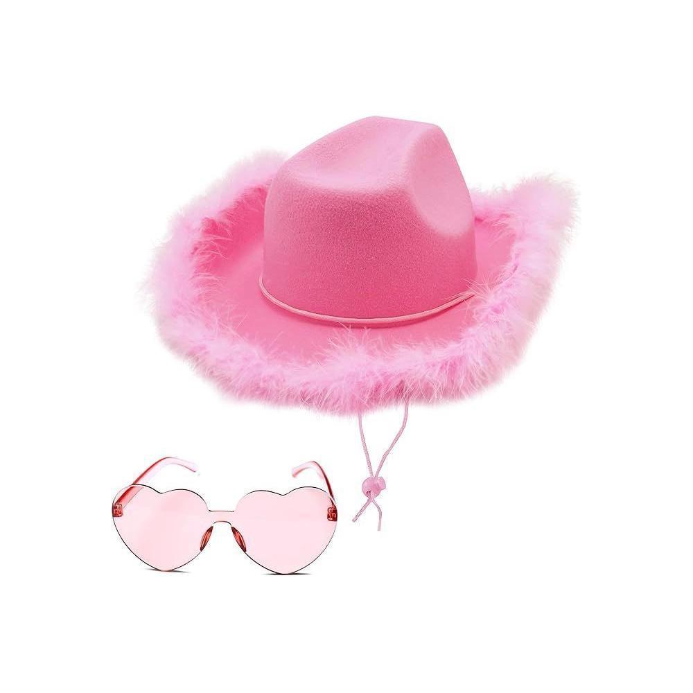 4E's Novelty Pink Cowgirl Hat with Feathers & Heart Sunglasses Set for Women & Girls – Preppy Cowgirl Hat for Western Costume & Coastal Cowgirl Look product image