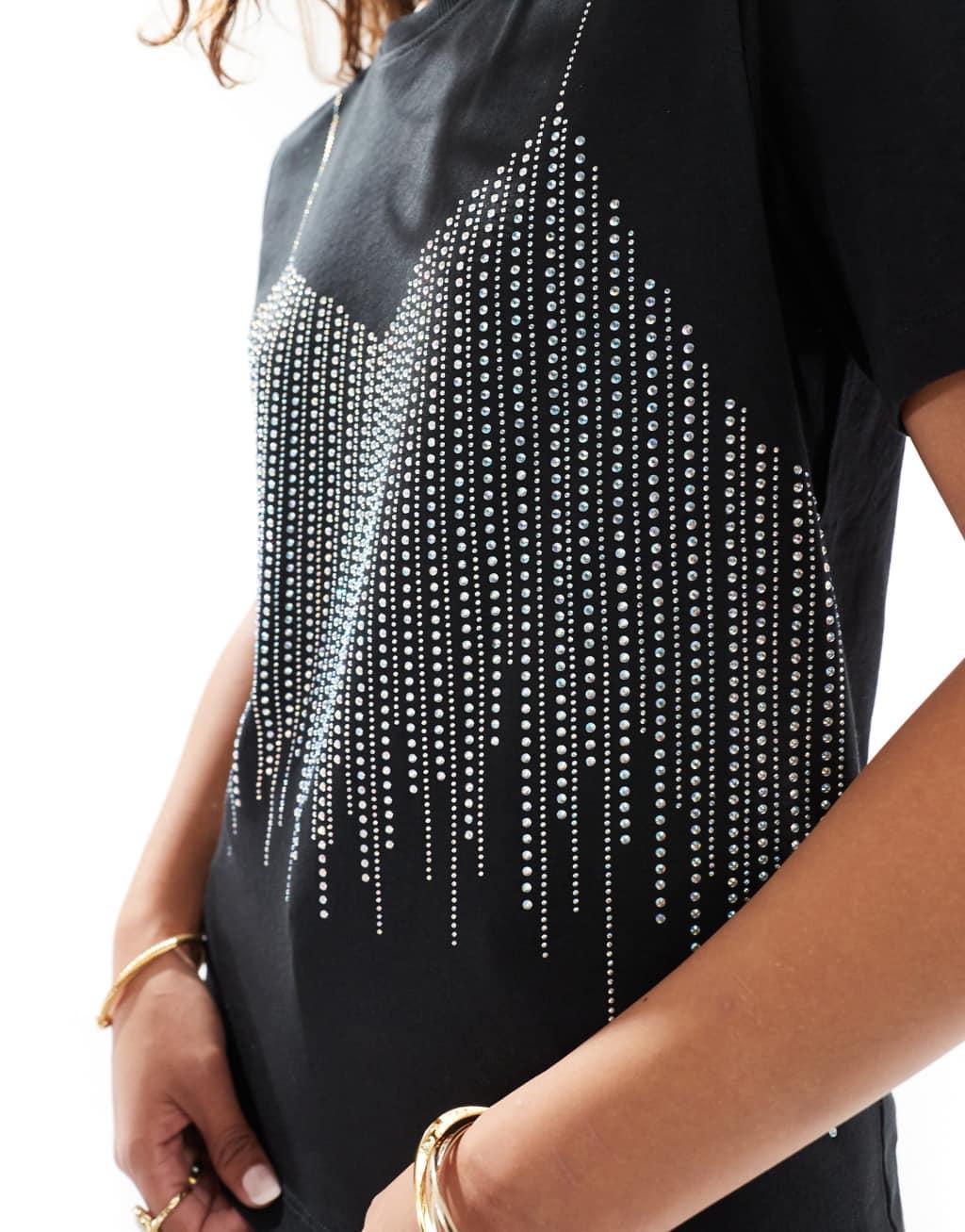 ONLY rhinestone detail T-shirt in black Product Image