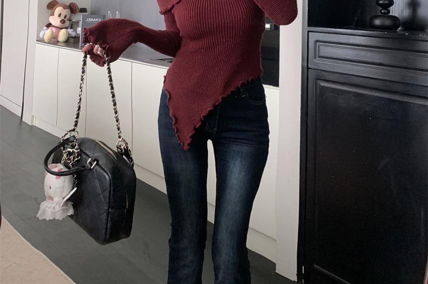 Long-Sleeve Square Neck Flower Accent Asymmetrical Ribbed Knit Top Product Image