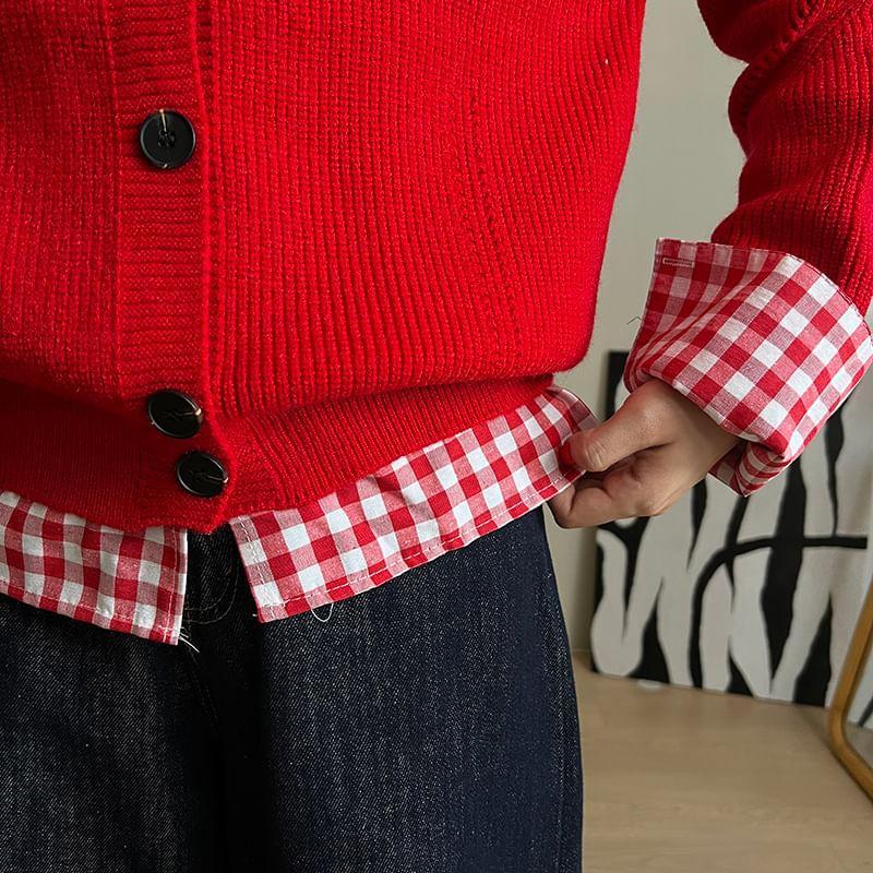 Crew Neck Mock Two-Piece Gingham Panel Button-Up Cardigan Product Image