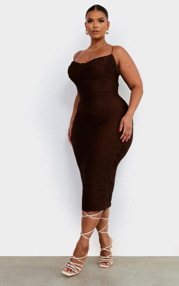 Plus Chocolate Textured Strappy Midi Dress Product Image