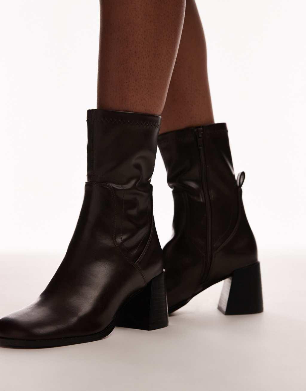 Topshop Penny round toe block heeled ankle boots in washed brown Product Image