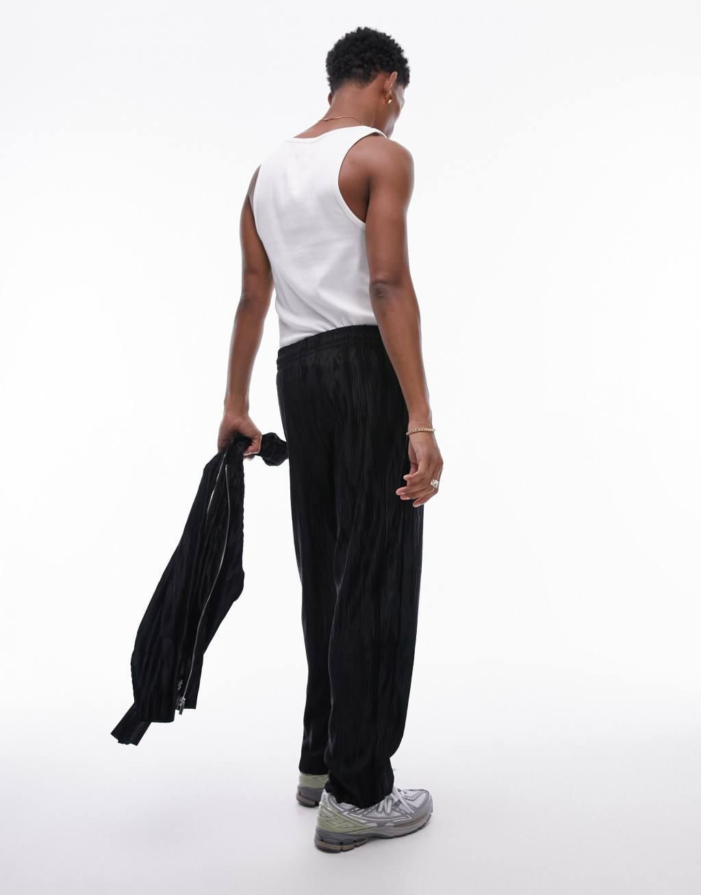 Topman jacquard plisse straight leg sweatpants in black Product Image