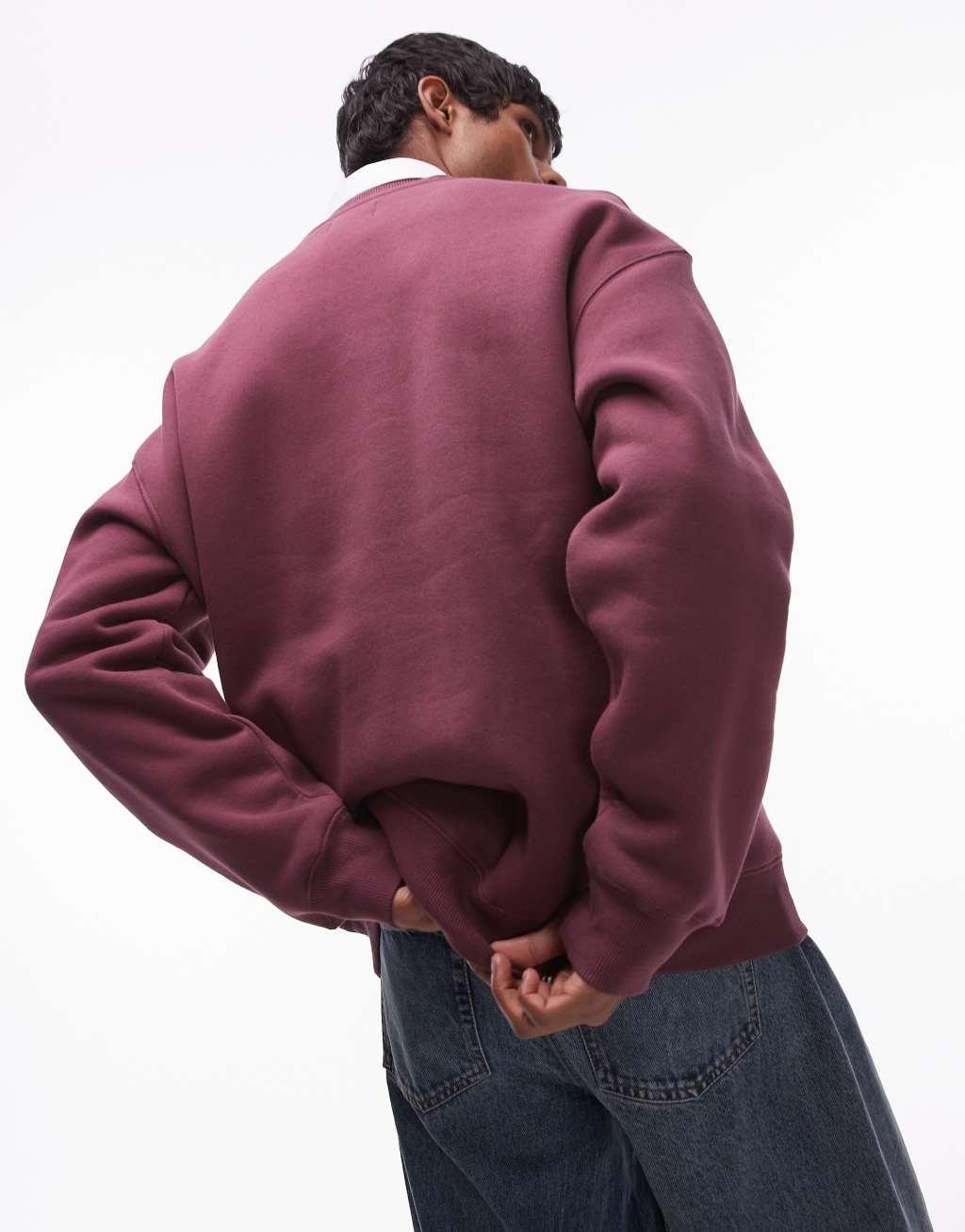 Topman oversized fit sweatshirt with Austin print in burgundy Product Image