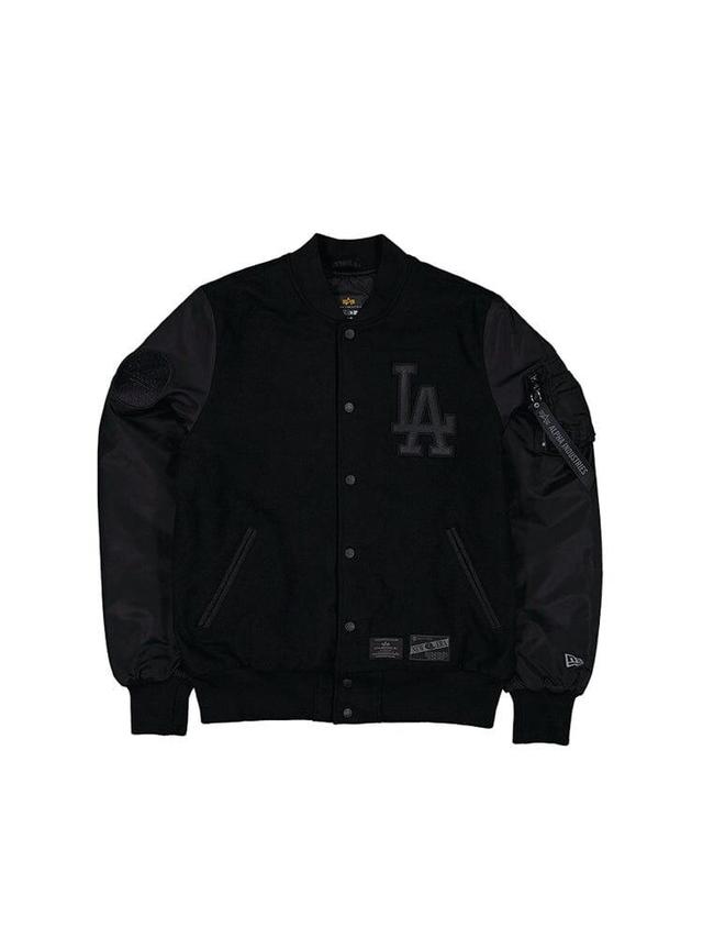 LOS ANGELES DODGERS X ALPHA X NEW ERA FAUX LEATHER VARSITY MA-1 BOMBER JACKET Product Image