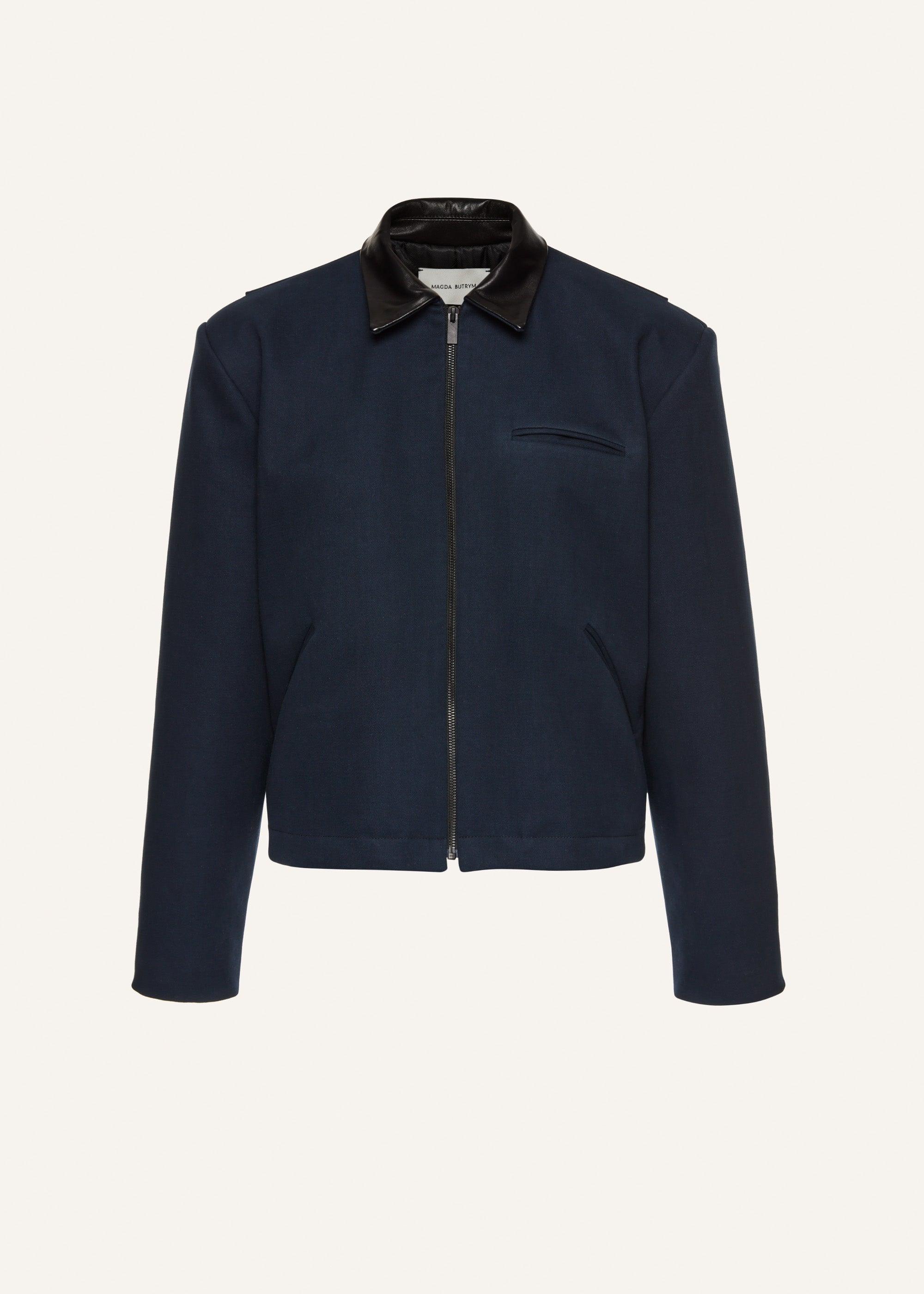 Leather trim bomber jacket in navy Product Image