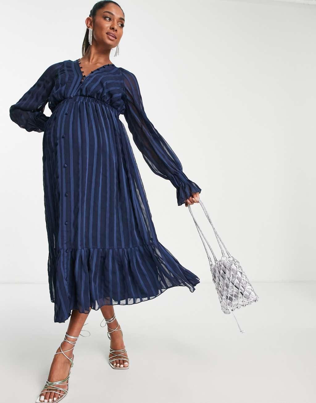 ASOS DESIGN Maternity satin stripe midi dress with blouson sleeve and button detail in navy Product Image