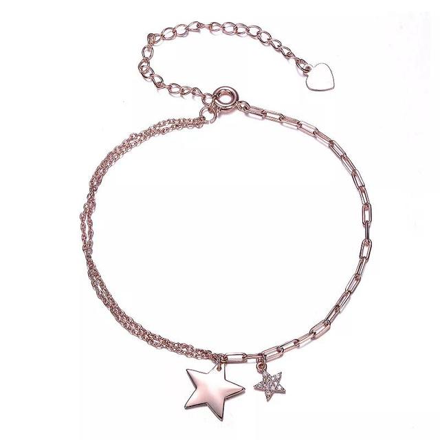 18k Rose Gold Plated Cubic Zirconia Double Star Charms Bracelet, Womens Pink Tone Product Image